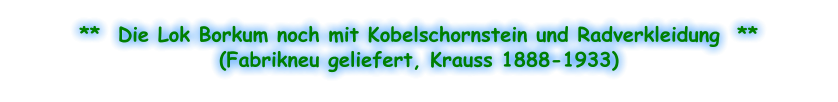 **  Die Lok Borkum noch mit Kobelschornstein und Radverkleidung  ** (Fabrikneu geliefert, Krauss 1888-1933)